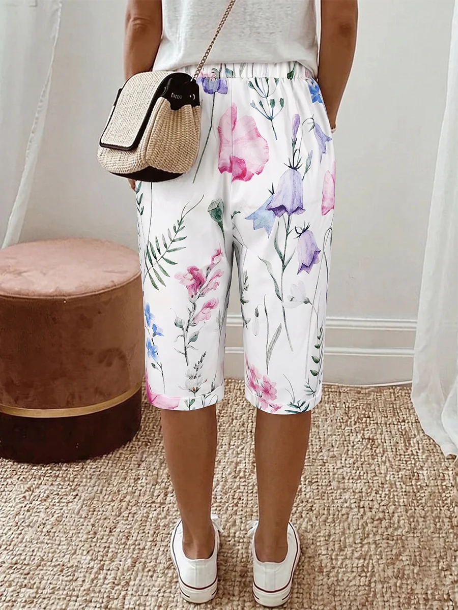 Women Summer Floral Print Shorts Casual Loose Drawstring Elastic Waist Wide Leg Half Pants Capris - Image 2