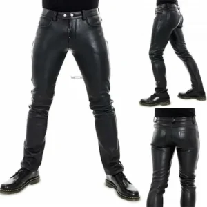 Men's Leather Pants 2022 New Solid Color PU Leather Motorcycle Pants Elastic Leisure Punk Style Slim Fit Full Length Trousers