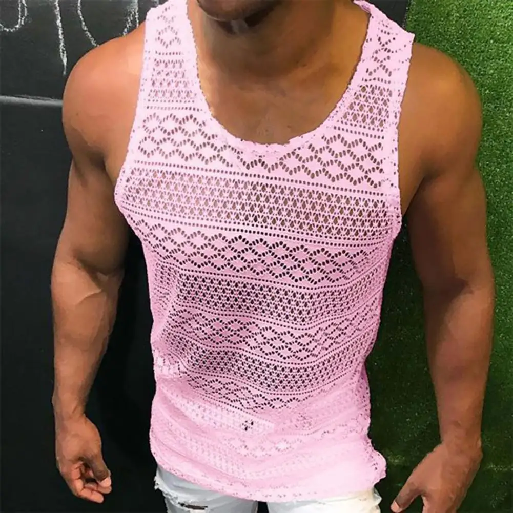 Tank Top for Men Lace Hollow Out Sleeveless Shirts Summer Mens Clothing Slim Fit Gym Clothes Workout Solid Color Vest Tops 2022 - Image 2