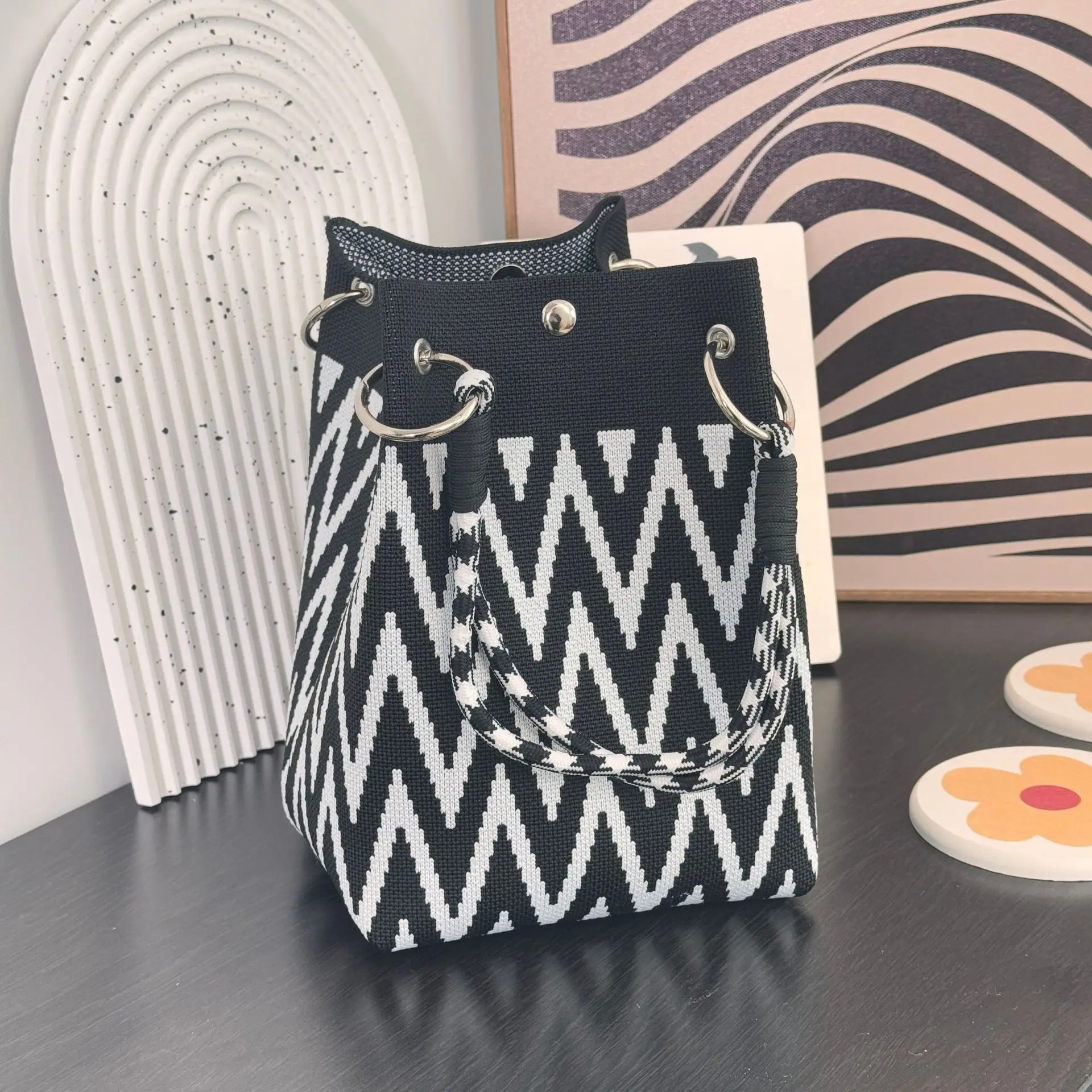 Mini Knitted Bucket Bag Women Small Handbag Geometric Colorblock Wristlet Purse With Detachable Handle - Image 14