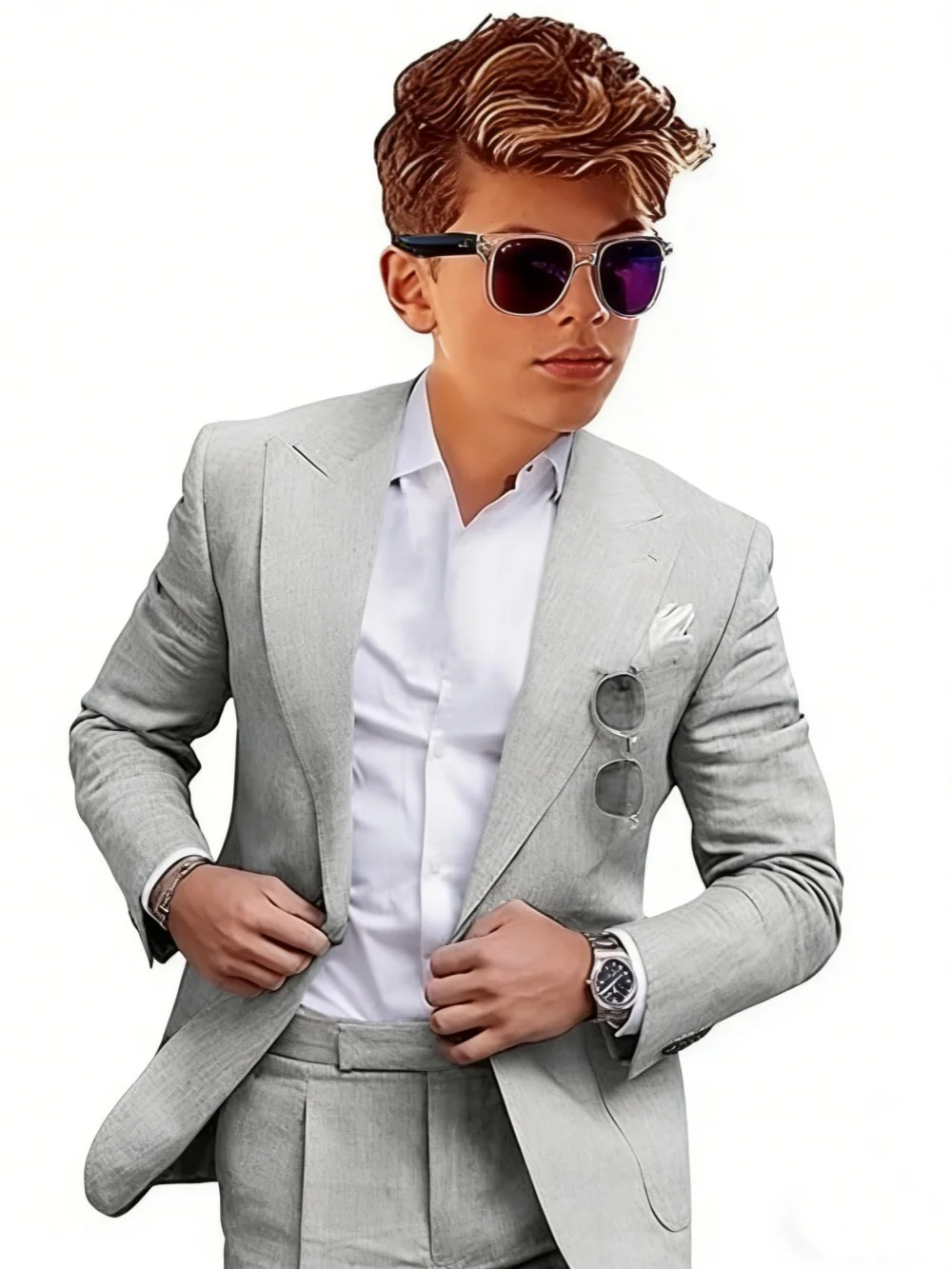 Summer Linen Boys Suits 2 Pieces Jacket Pants Wedding Ring Bearer Outfit Handsome Peak Lapel Kids Suit Set Birthday Party Outfit - Image 3