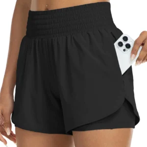 Women's high-waisted athletic shorts for running, yoga, layered design, anti-exposure, fitness, and workout with pockets