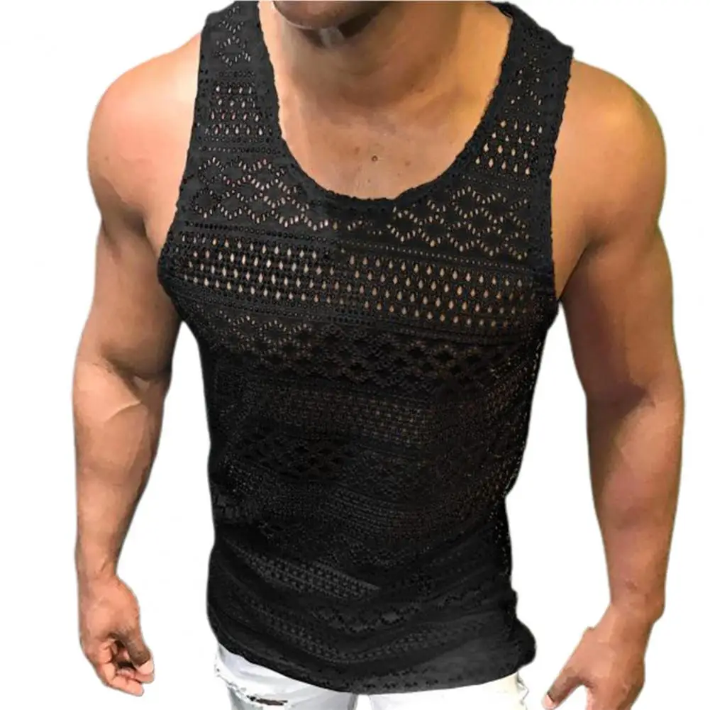 Tank Top for Men Lace Hollow Out Sleeveless Shirts Summer Mens Clothing Slim Fit Gym Clothes Workout Solid Color Vest Tops 2022 - Image 7