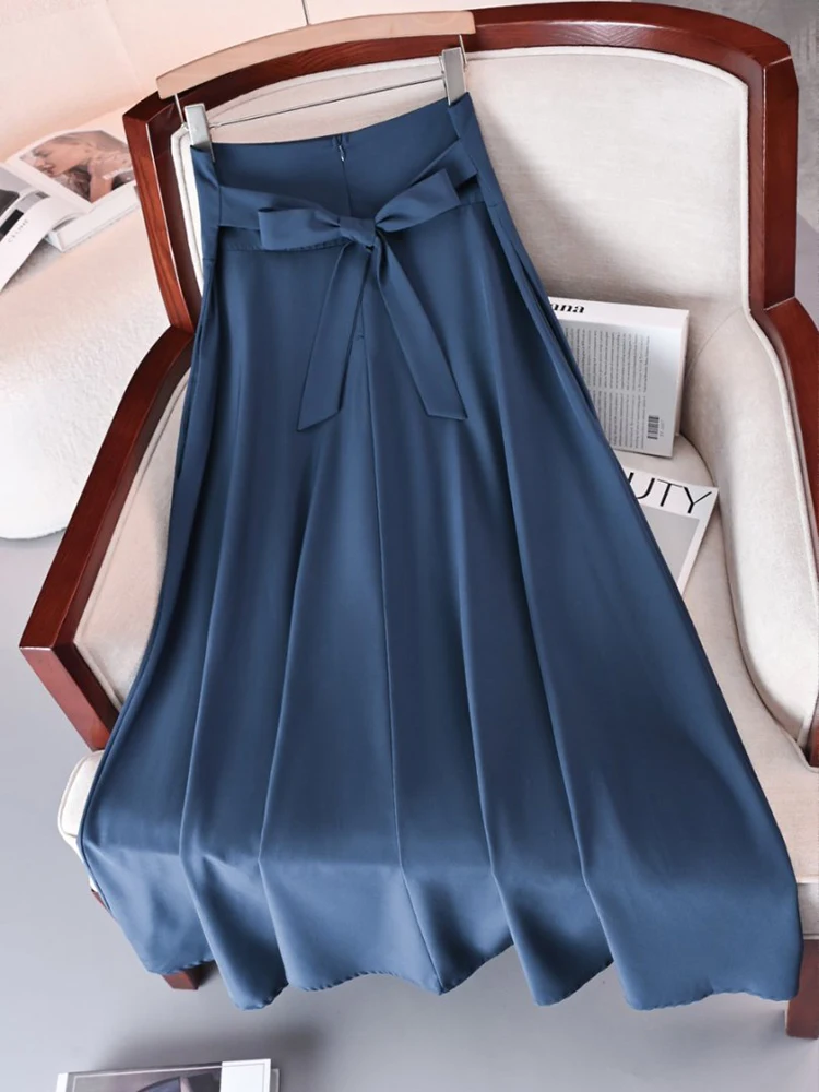 New In Dresses Solid Color A-line Skirts for Woman Clothing High Elastic Waist Long Skirt Women With Bow Elegant Women's Skirts - Image 2