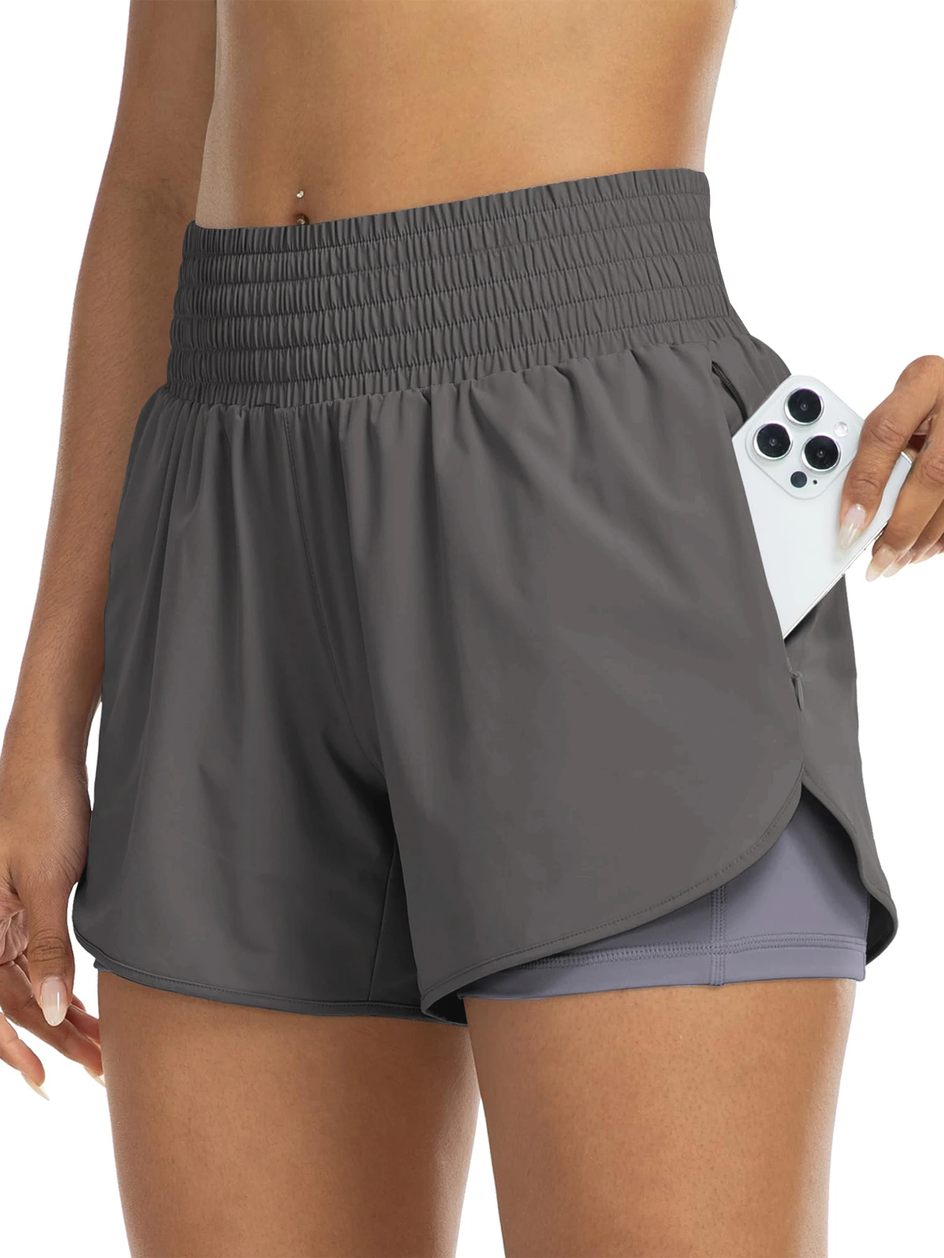 Women's high-waisted athletic shorts for running, yoga, layered design, anti-exposure, fitness, and workout with pockets - Image 10