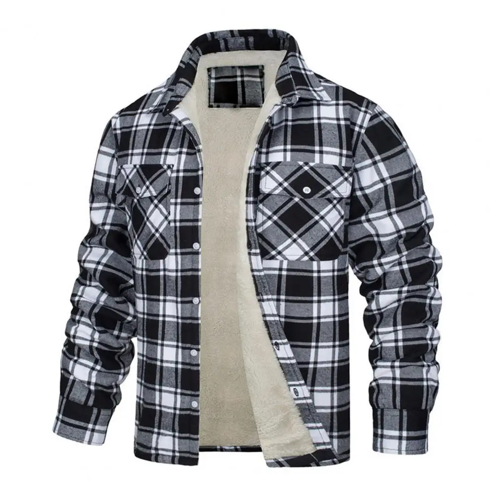 Men Fall Winter Jacket Plaid Print Lapel Soft Plush Long Sleeve Single-breasted Loose Thickened Casual Mid Length Men Coat - Image 4