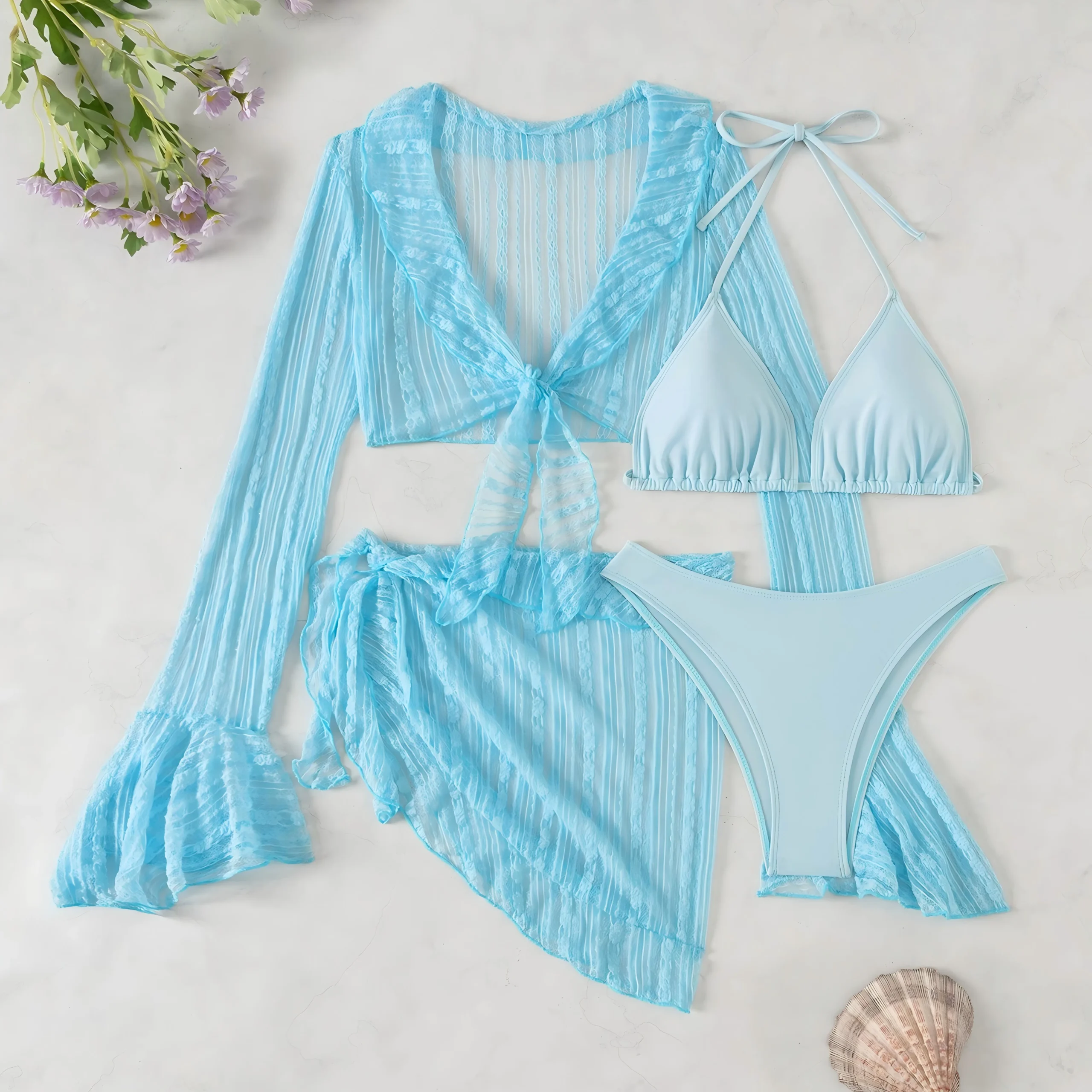 2026 Sexy Four-Piece Women's Swimsuit Set – Long-Sleeve Cover-Up, Brazilian Bikini & Beachwear - Image 7