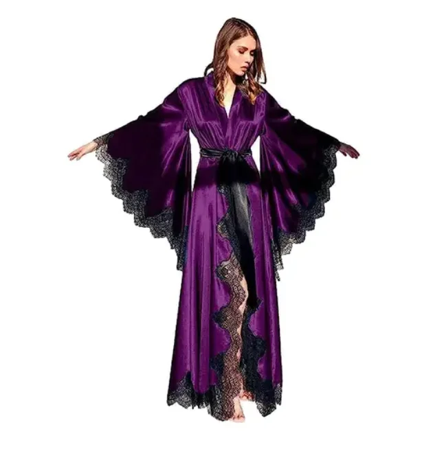 Women Robes Sleepwear Kimono Pajamas Pure Long Black Silk Satin Lace Trim Photography Dress Wedding Bride Gown Photo Shoot - Image 5