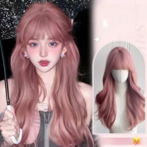 28-Inch Pink Long Curly Wig, Women's Dress-Up Synthetic Wig, Deep Pink Straight Bangs and Big Waves, Bright Color, Fashionable