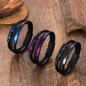 Chunky Leather Bracelets for Men Boys,Multi-layer Bracelets with Stainless Steel Bend Tag,Casual Jewelry Gift to Father Husband