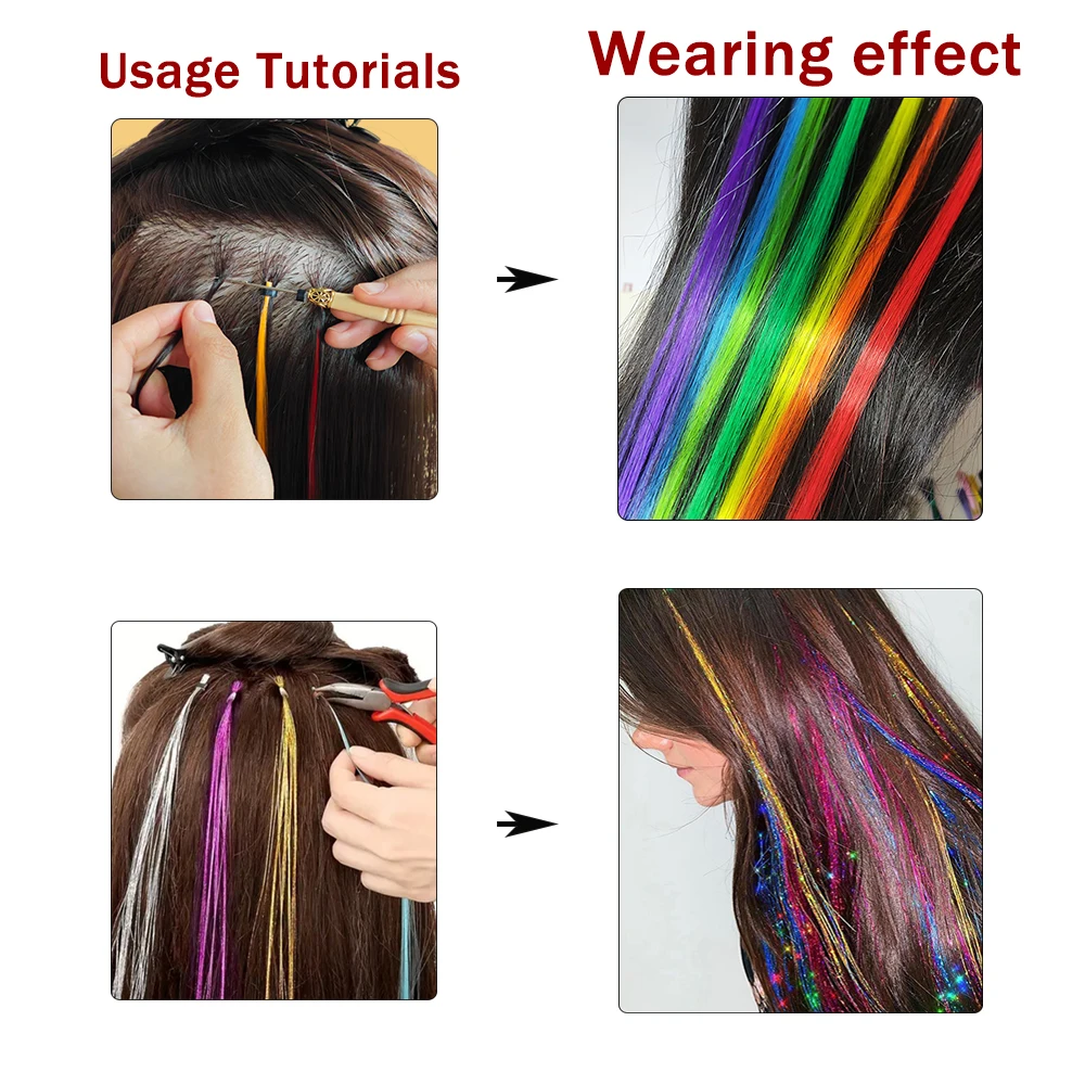 48Pcs Women's Colorful Synthetic Hair Extensions Set 38 Colors Tinsel Wig 26 Colors Feather Extensions Tool Kit for Hairdressing - Image 5