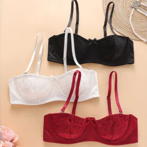 3PCS Women Balconette Lace Underwire Bra Set, Detachable Thin Strap Mini Front Bow Scalloped Edge Multi-Way Lingerie