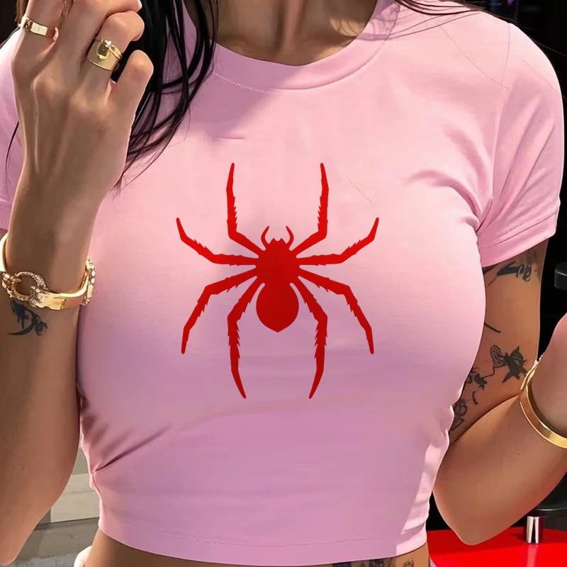 Vintage Y2k Tshirt for Woman Funny Spider Print Graphic Cropped T Shirt Women's Sexy Crew Neck Short Sleeve Crop Tops Clothes - Image 8