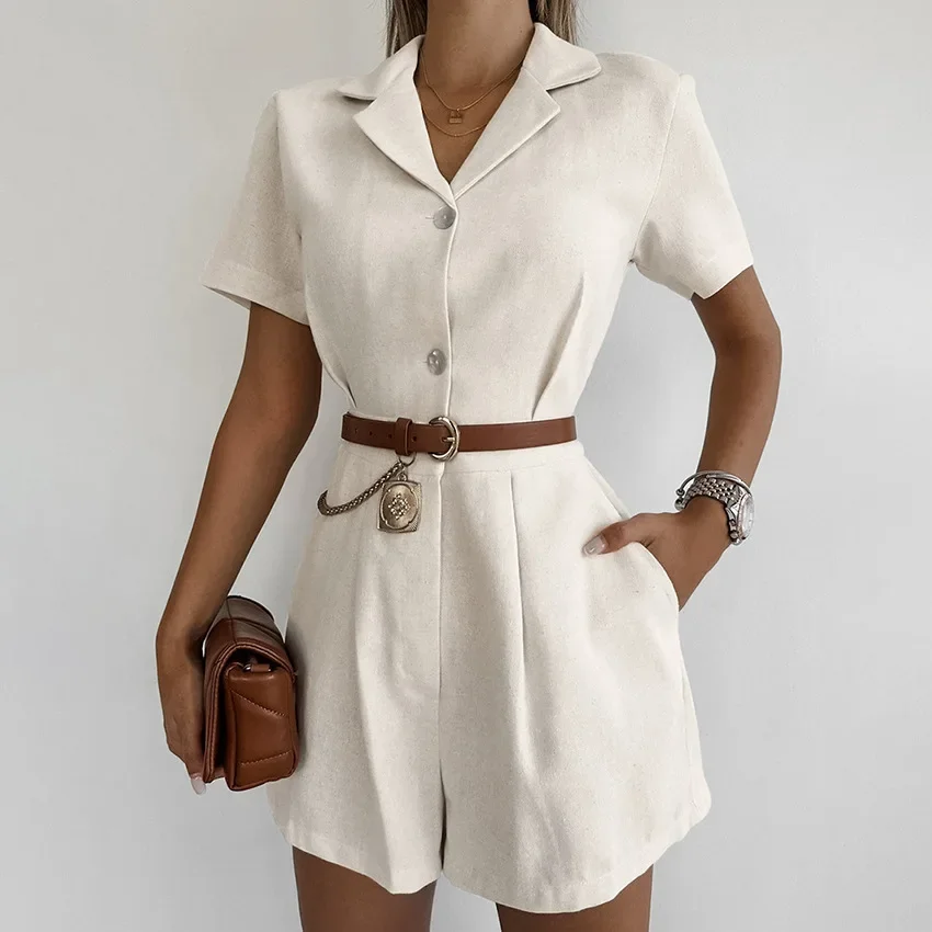 Khaki Linen Waist-cinching Wide-leg Jumpsuit for Women, Short-sleeved Commuting Jumpsuit, Autumn Women's Clothing - Image 5