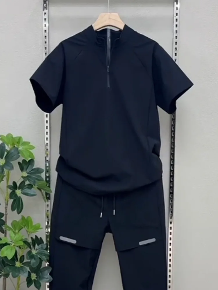 2025 Summer Breathable ice Silk Casual Sportswear Set, fashionable zipper quick-drying casual long pants and short-sleeved 2pcs - Image 5