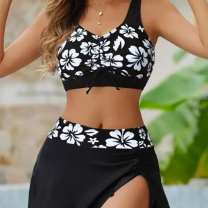 2025 Women's Modest 3-Piece Swimwear Set Floral Print High Waist Swim Shorts Cover Up