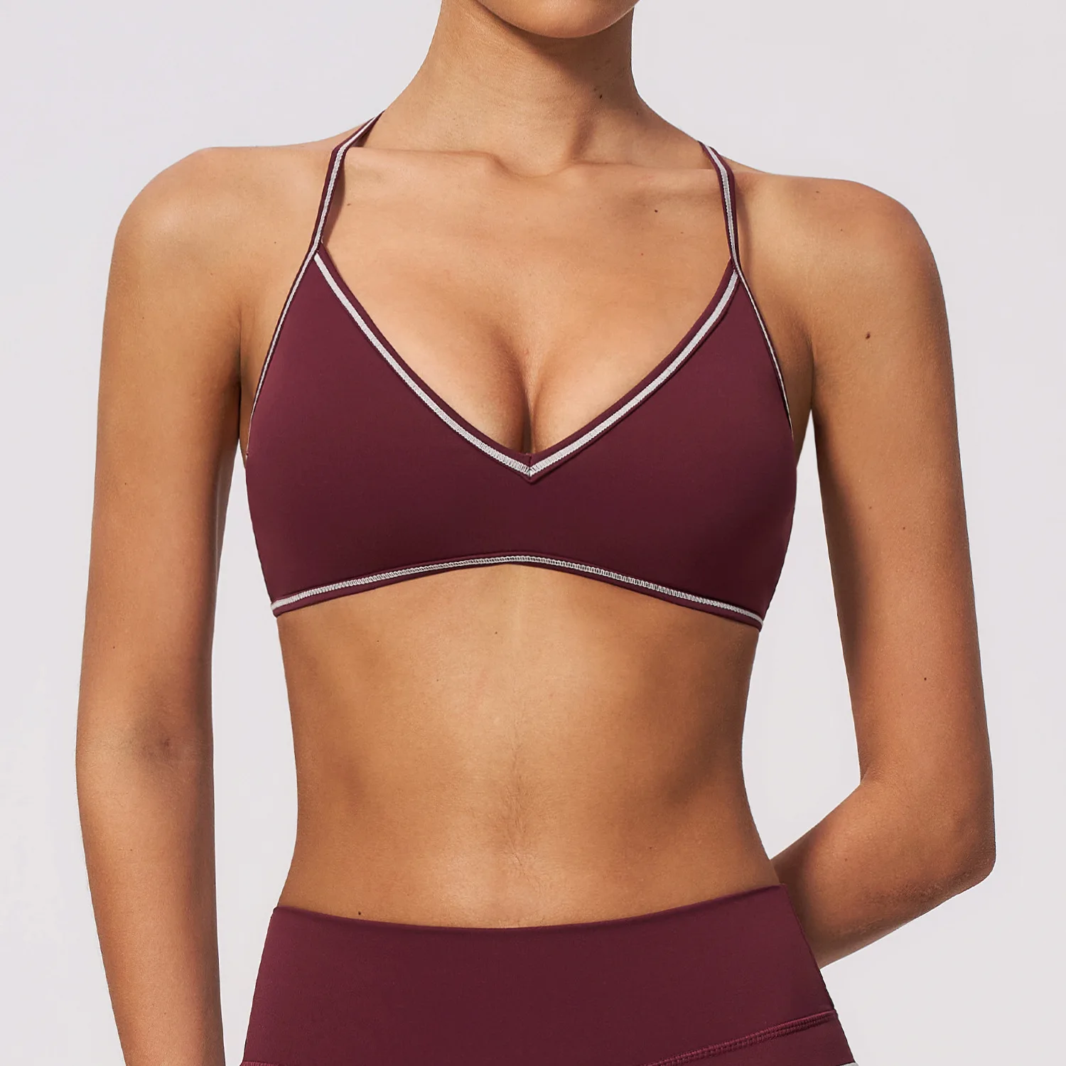 Women Deep V Neck Sports Bra with Contrast Piping Y Back Racerback Padded Gym Workout Yoga Bras Female Activewear Push Up Top - Image 7