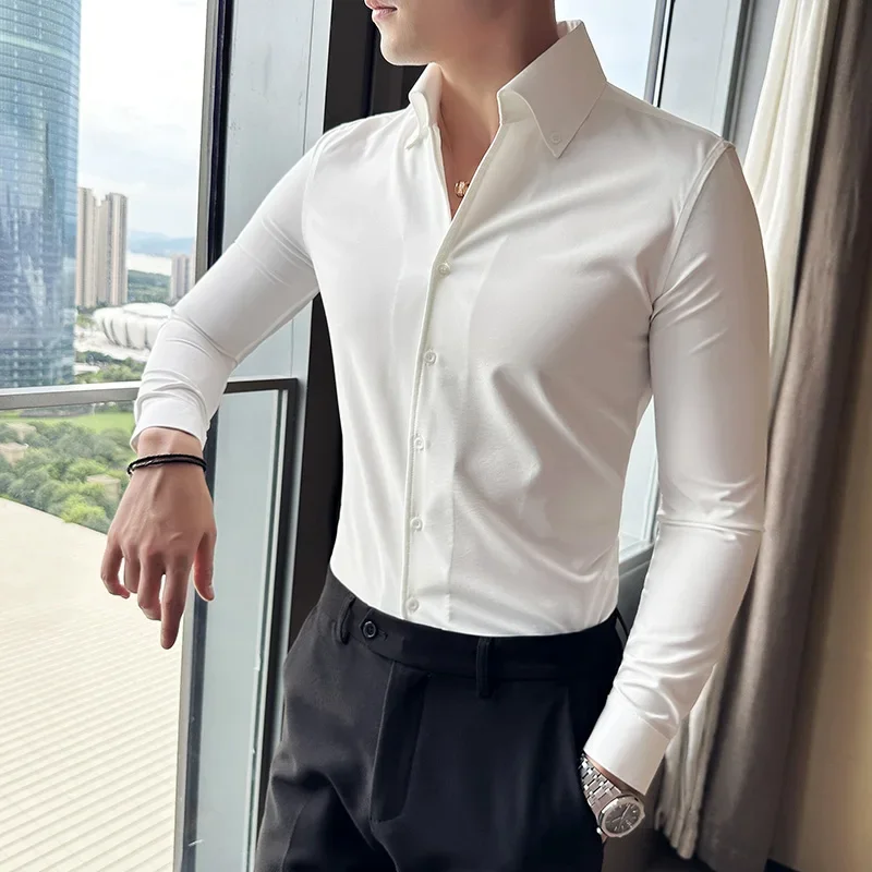 Men Dress Shirt 2025 Autumn Long Sleeve Camisas Business Fashion Shirt Male Solid British Style White Black Shirt Men Clothing - Image 2