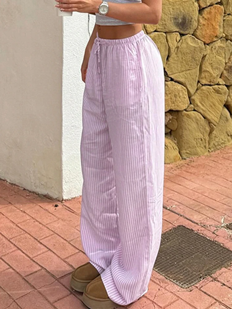 Streetwear Striped Print Loose Trousers Lace-up Joggers Fashion Y2K Baggy Pants Basic Aesthetic 90s Cute Bottoms - Image 4