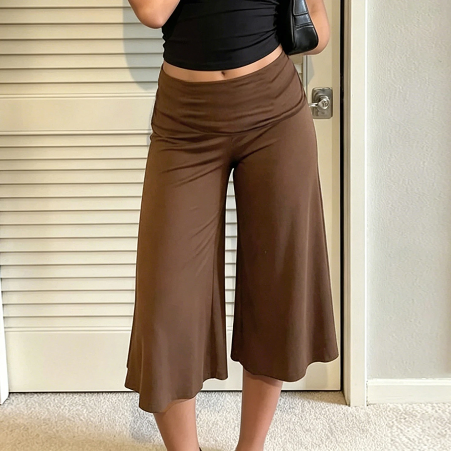 SUCHCUTE Women Fold Over Low Waist Knit Capri Pants Wide Leg Cropped Culottes Loose Flowy 7/8 Trousers Y2K Casual Streetwear New - Image 3