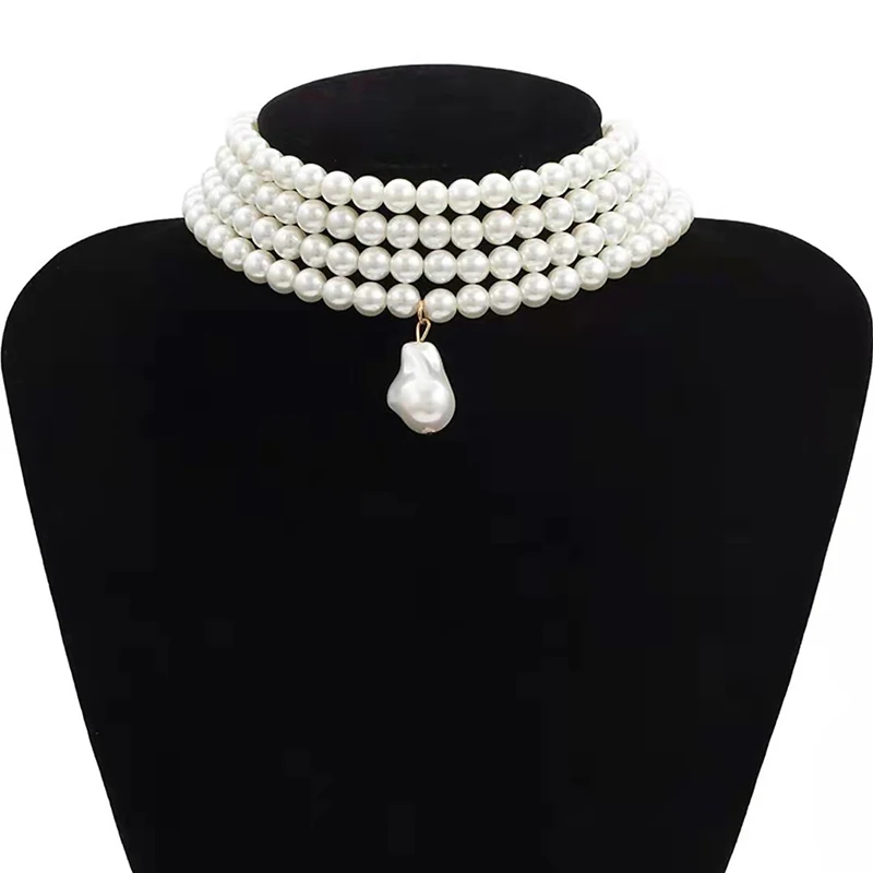 Classic Layered Strand Round Pearls Beads Collar Choker Necklace For Women Irregular Baroque Pearl Pendant Wedding Necklace Gift - Image 6