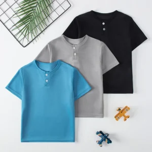 3/1 Pcs Children's Quick-drying Multicolor Breathable Henry Short-sleeved Boy Casual Fashion Button Top Joker Gentleman Student