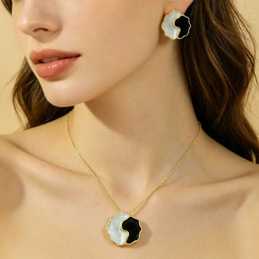 Elegant Enamel Jewelry Set 14k European Exqusite Geometric Chic Necklace Earrings Italian Women Event Party Statement Jewelrys - Image 2