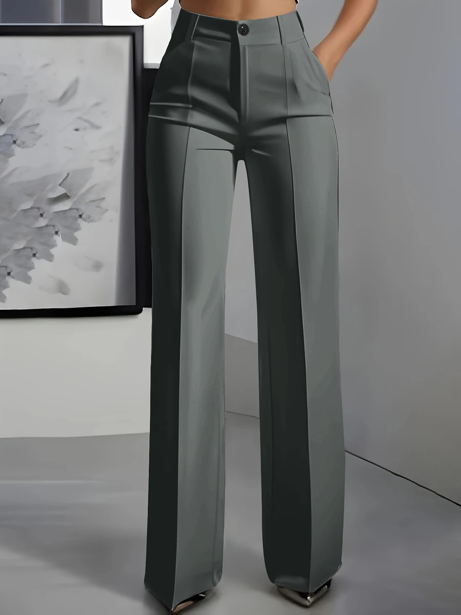 Women High Waisted Wide Leg Office Trousers, Solid Black Pleated Elegant Crease Dress Pants, Professional Full Length Trousers - Image 10