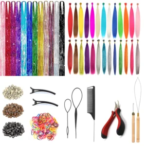 48Pcs Women's Colorful Synthetic Hair Extensions Set 38 Colors Tinsel Wig 26 Colors Feather Extensions Tool Kit for Hairdressing