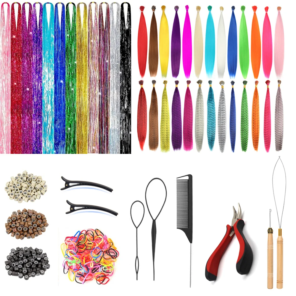48Pcs Women's Colorful Synthetic Hair Extensions Set 38 Colors Tinsel Wig 26 Colors Feather Extensions Tool Kit for Hairdressing