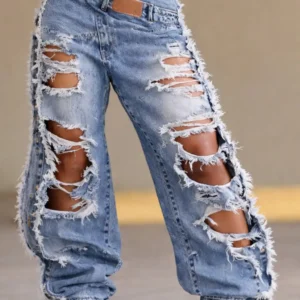 2026 New Summer Women's Washed Ripped Jeans Loose Straight Leg Drawstring Ankle Tied Casual Denim Pants For Daily
