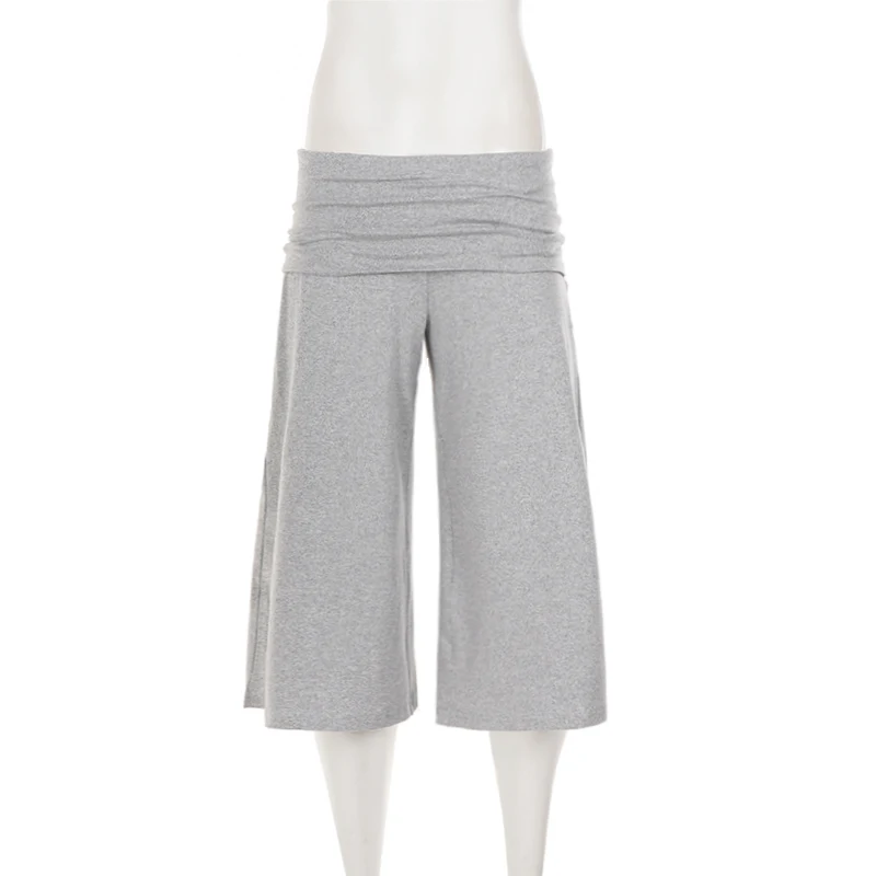 SUCHCUTE Women Fold Over Low Waist Knit Capri Pants Wide Leg Cropped Culottes Loose Flowy 7/8 Trousers Y2K Casual Streetwear New - Image 5