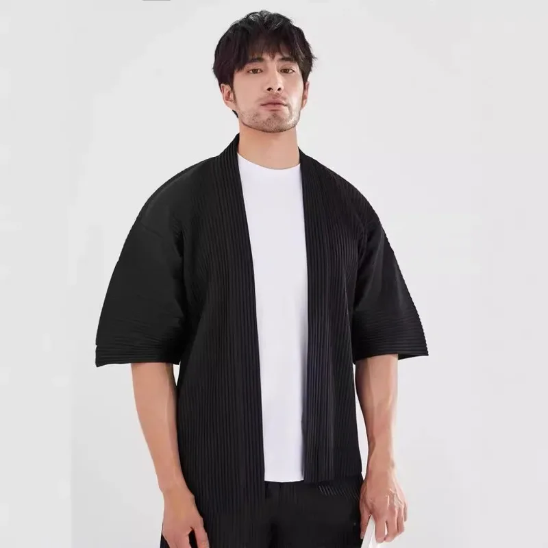 Miyake Pleated Short Sleeve Jacket Plisse Men's Taoist Robe 2026 Spring Autumn New Season Loose Plus Size Fold Coat Personality - Image 3