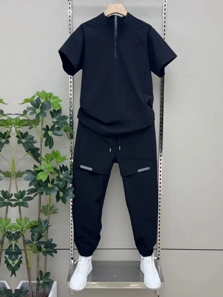 2025 Summer Breathable ice Silk Casual Sportswear Set, fashionable zipper quick-drying casual long pants and short-sleeved 2pcs - Image 3
