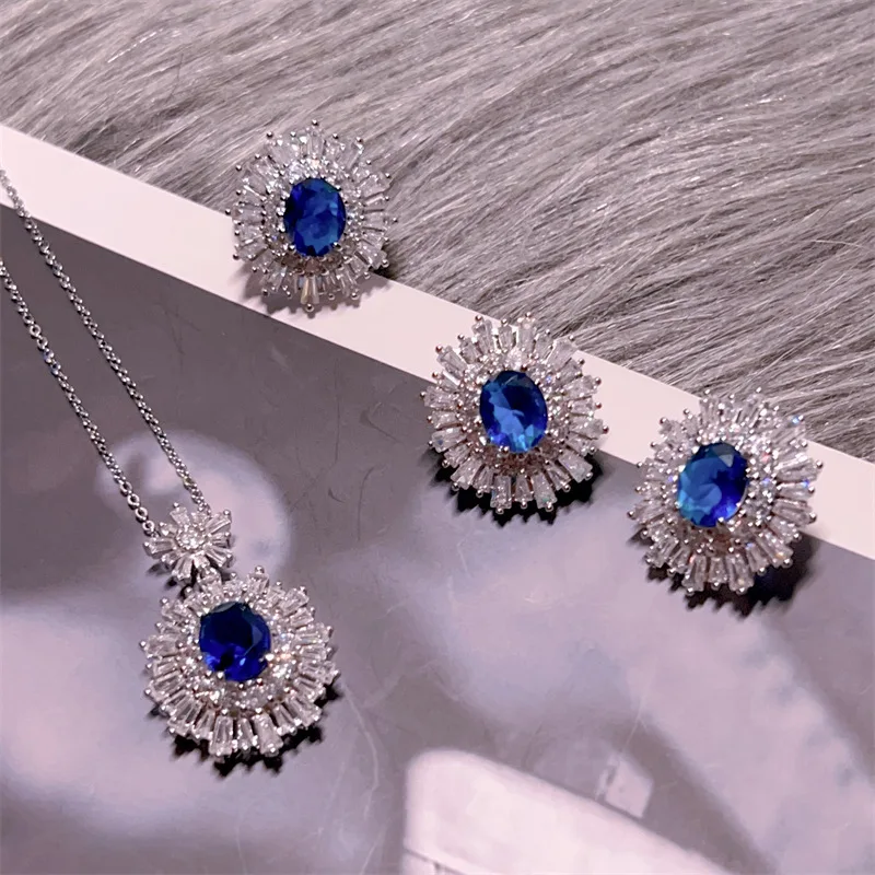 High-quality fashion Blue jewelry sets silver 925 full diamonds luxuriy elegant flower sapphire earrings for women necklace ring
