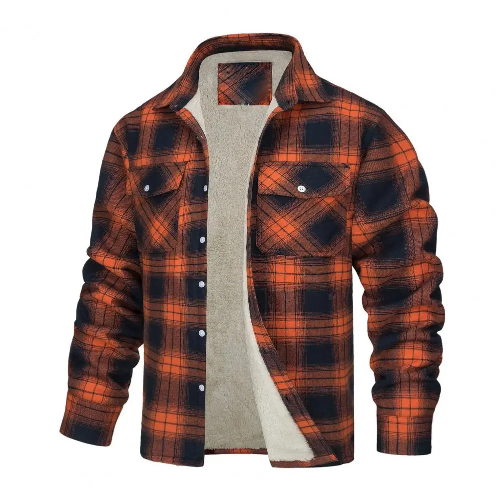 Men Fall Winter Jacket Plaid Print Lapel Soft Plush Long Sleeve Single-breasted Loose Thickened Casual Mid Length Men Coat - Image 3