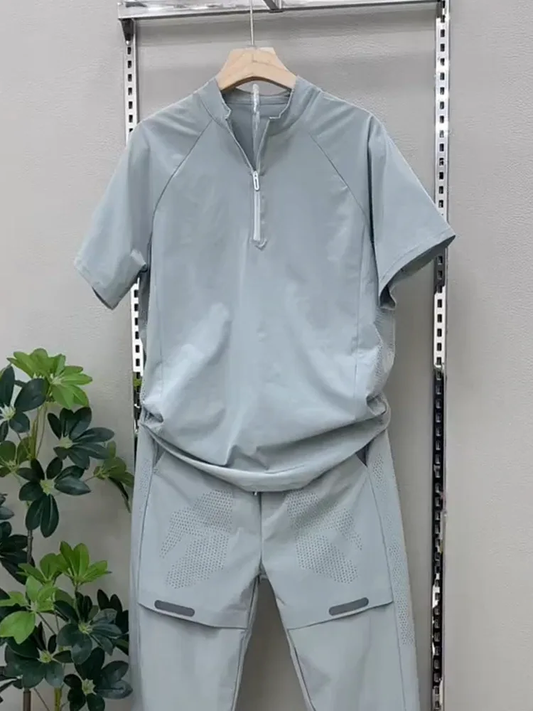 2025 Summer Breathable ice Silk Casual Sportswear Set, fashionable zipper quick-drying casual long pants and short-sleeved 2pcs - Image 4