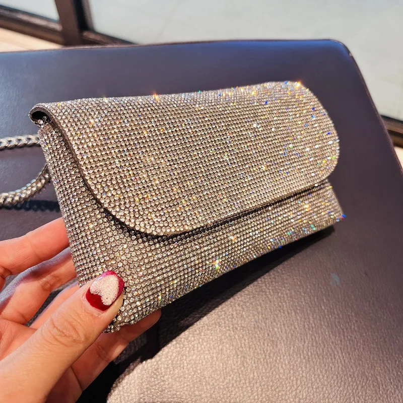 Women's Clutch Bag with Rhinestones Silver Purse on Chain PU Leather Evening Bag Ladies Fashion Party Evening Shoulder Bag - Image 2