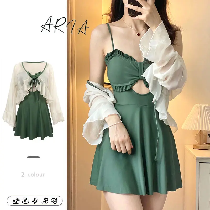 2025 New Conservative One-Piece Skirt Swimsuit – High-End Avocado Green Hot Spring Bathing Suit - Image 4