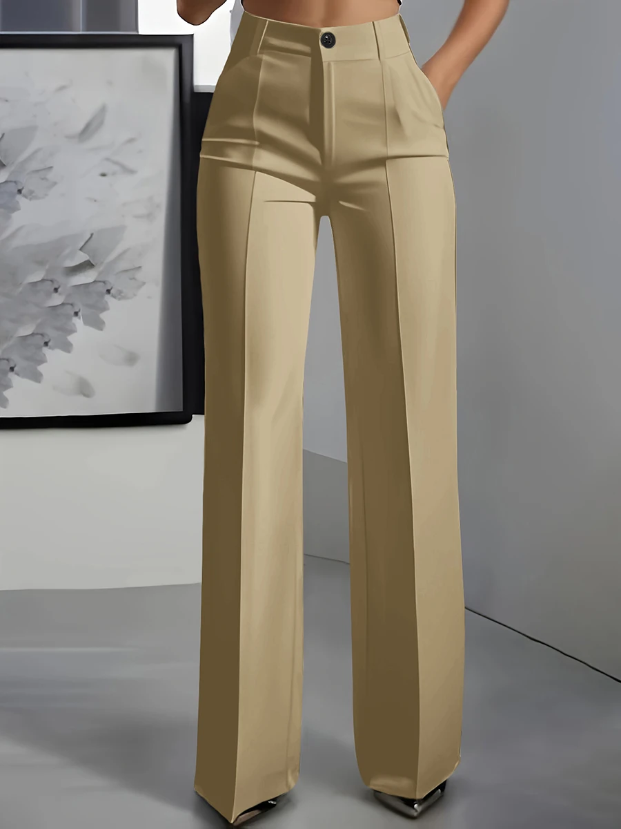 Women High Waisted Wide Leg Office Trousers, Solid Black Pleated Elegant Crease Dress Pants, Professional Full Length Trousers - Image 6