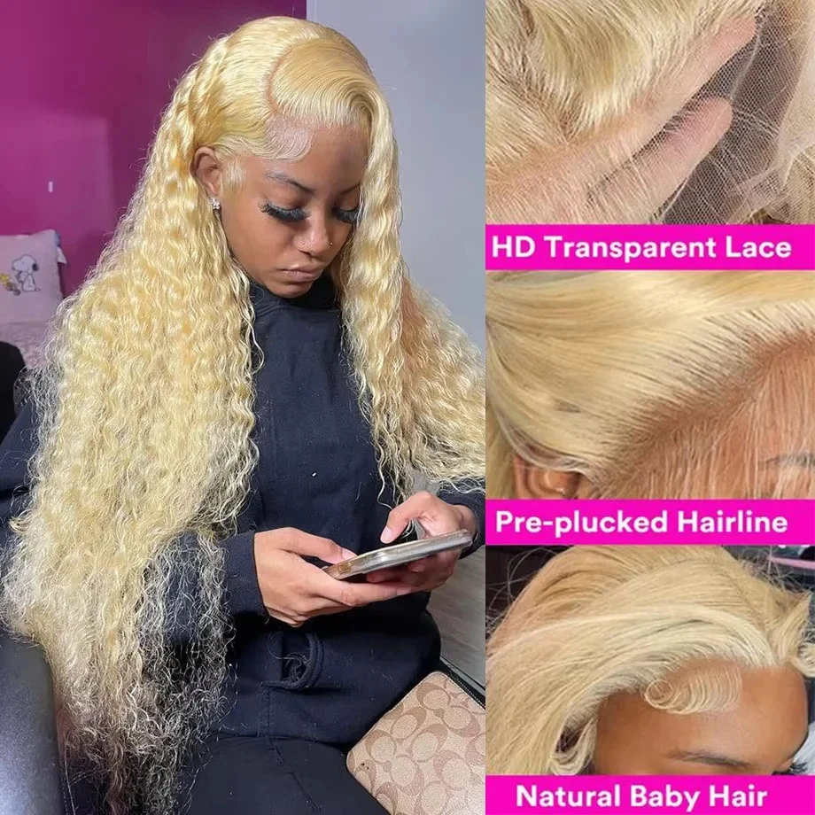 13x6 HD Lace Frontal Wig 613 Blonde Deep Wave 13x4 Transparent Lace Curly Human Hair Wigs Blonde Water Wave Wig for Women - Image 4