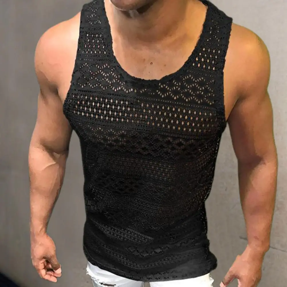 Tank Top for Men Lace Hollow Out Sleeveless Shirts Summer Mens Clothing Slim Fit Gym Clothes Workout Solid Color Vest Tops 2022 - Image 3