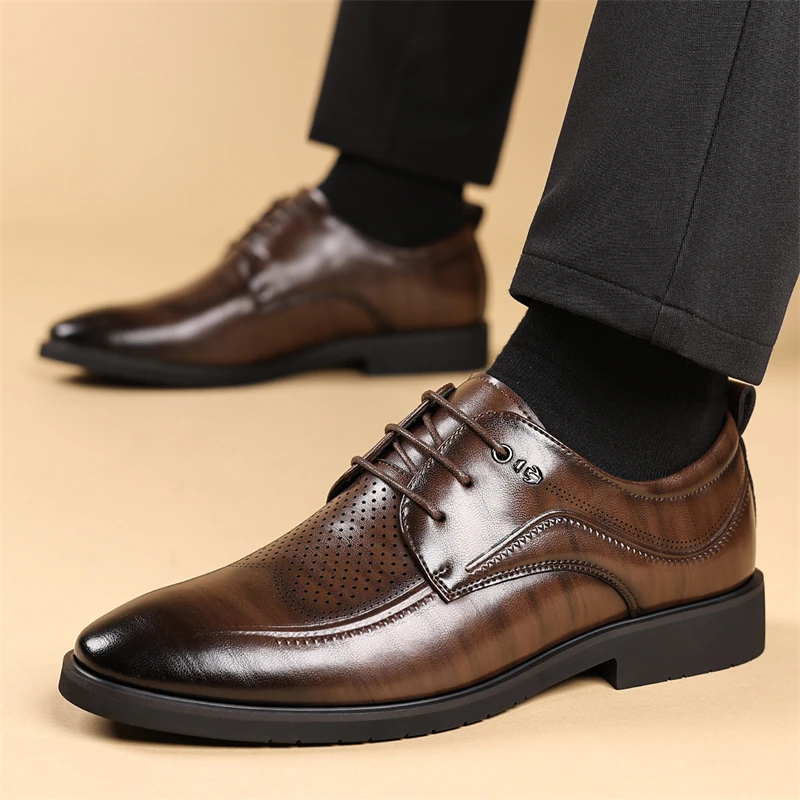 Men's Summer Breathable Leather Shoes Hollow out Comfortable Fashionable Business Formal Derby Shoes British Style-SJ2502-1 - Image 3