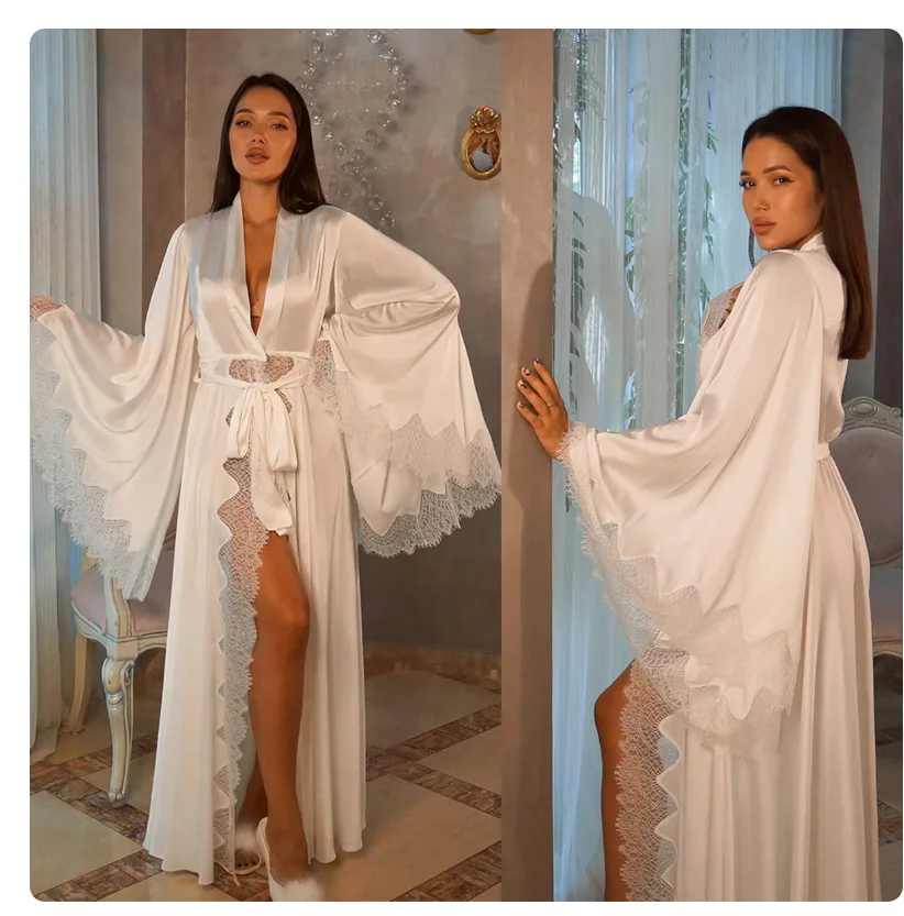 Women Robes Sleepwear Kimono Pajamas Pure Long Black Silk Satin Lace Trim Photography Dress Wedding Bride Gown Photo Shoot - Image 6