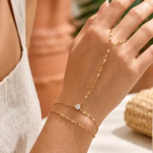 Stainless Steel Hand Chain Bracelet – Adjustable Gold Plated Double Layer Ring Bracelet
