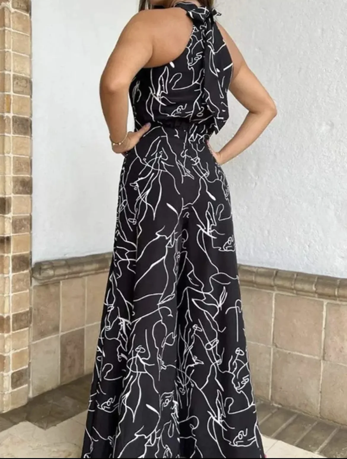 Summer Women's Elegant Waist Halter Jumpsuit Tie Sleeveless Wide Leg Long Pant Bodycon Abstract Print Streetwear Romper Mujer - Image 5