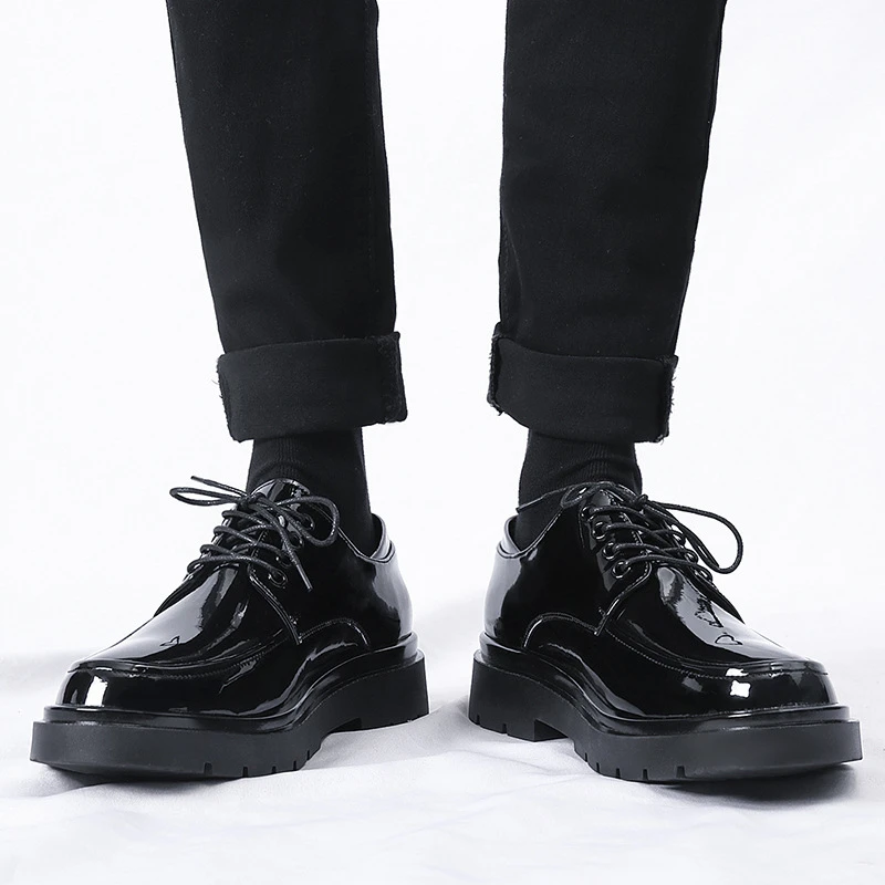 Black Patent Leather Platform Oxfords – Men's Breathable Chunky Business Formal Shoes - Image 3