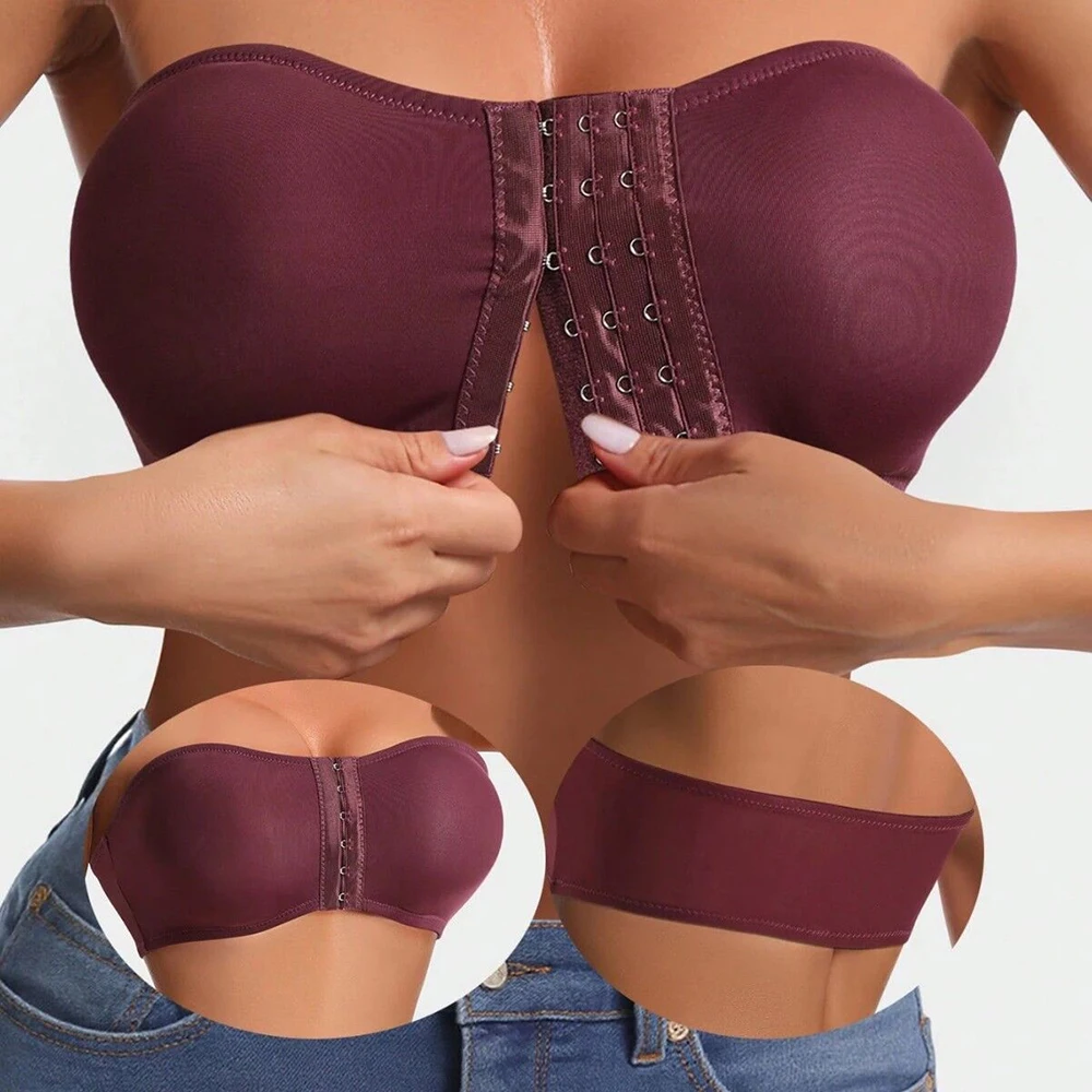 Plus Size Women's Front Fastening Bandeau Bras Strapless Push Up Wirefree Comfortable Bra Strapless Everyday Padded Bralette - Image 3