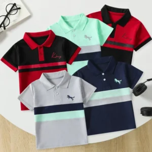 1/2/3 piece set of children's striped multi-color POLO short sleeved boy handsome casual lapel button top versatile sports T-shi