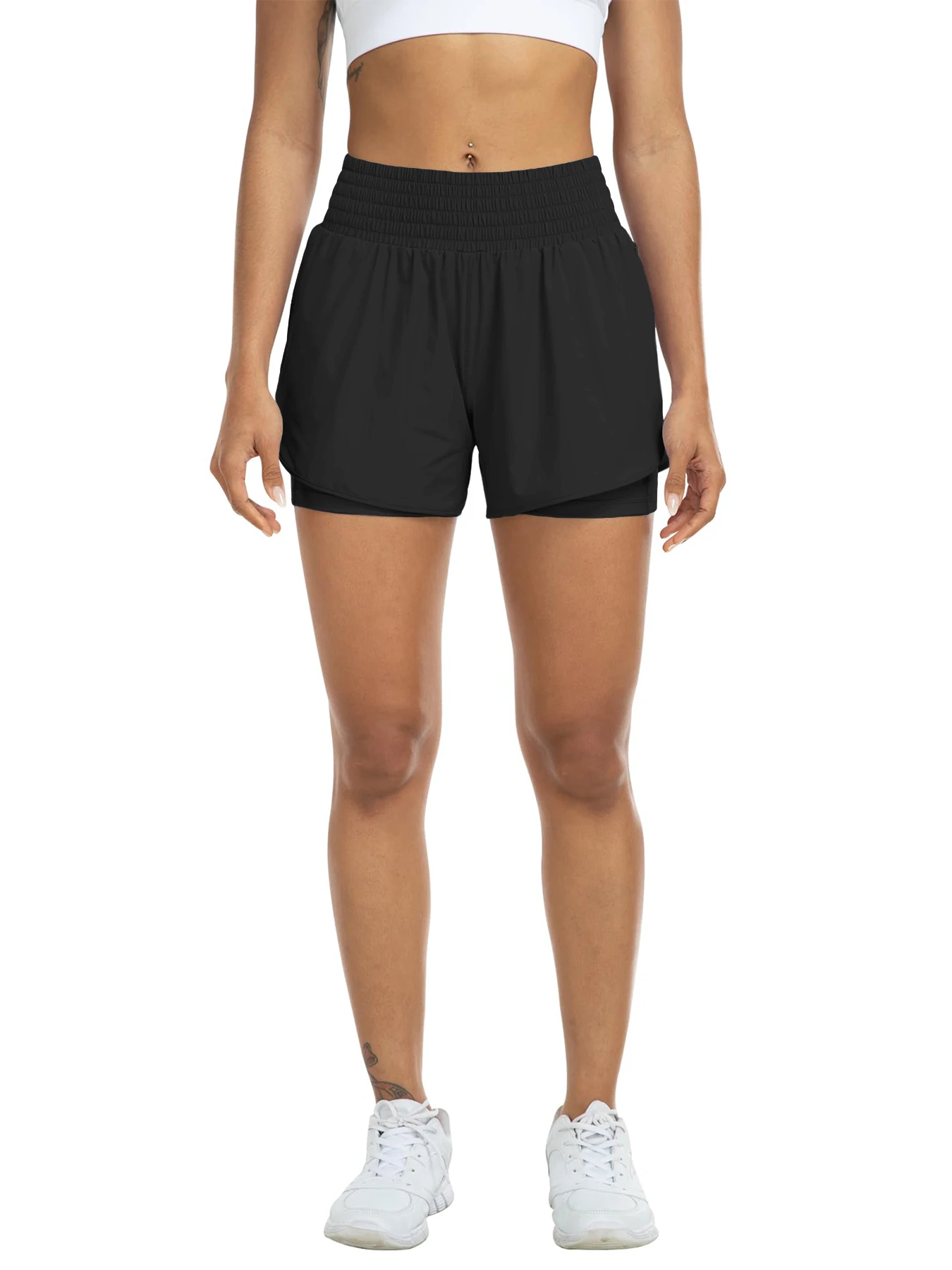 Women's high-waisted athletic shorts for running, yoga, layered design, anti-exposure, fitness, and workout with pockets - Image 3